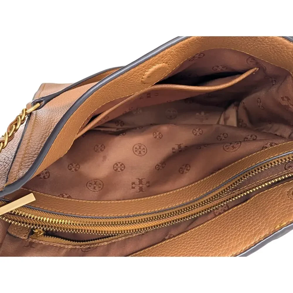 Tory Burch Britten‎ Tan Brown Pebbled Leather Chain Tote Shoulder Bag